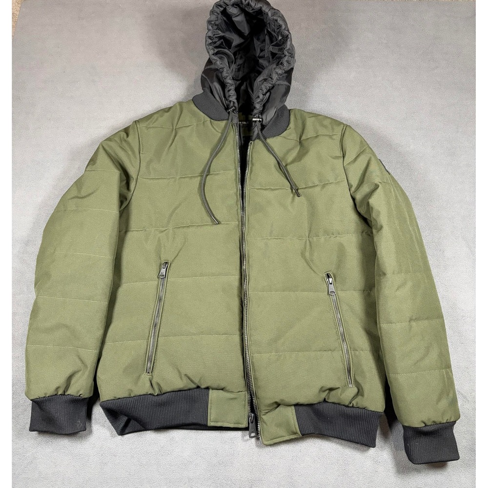 Kenneth Cole Puffer Jacket Mens Size M Olive Green Hooded Padded Bomber